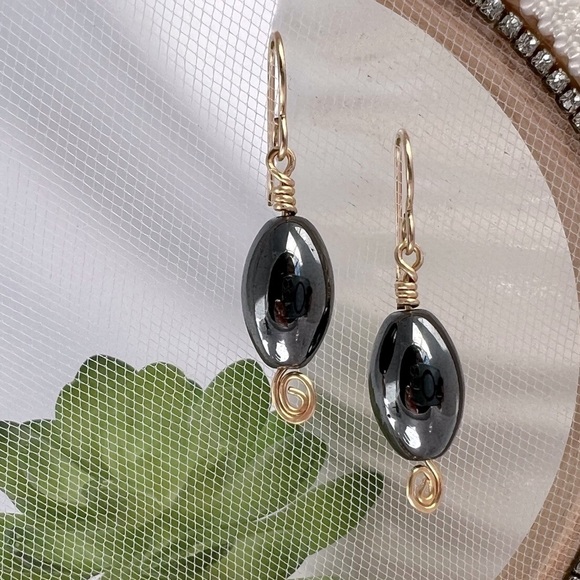 HEMATITE and Gold Beaded Dangle Earrings - Picture 4 of 12